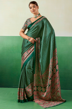 Bottle Green Satin Ajrakh Print Saree with Chevron Body and Detailed Pallu Border