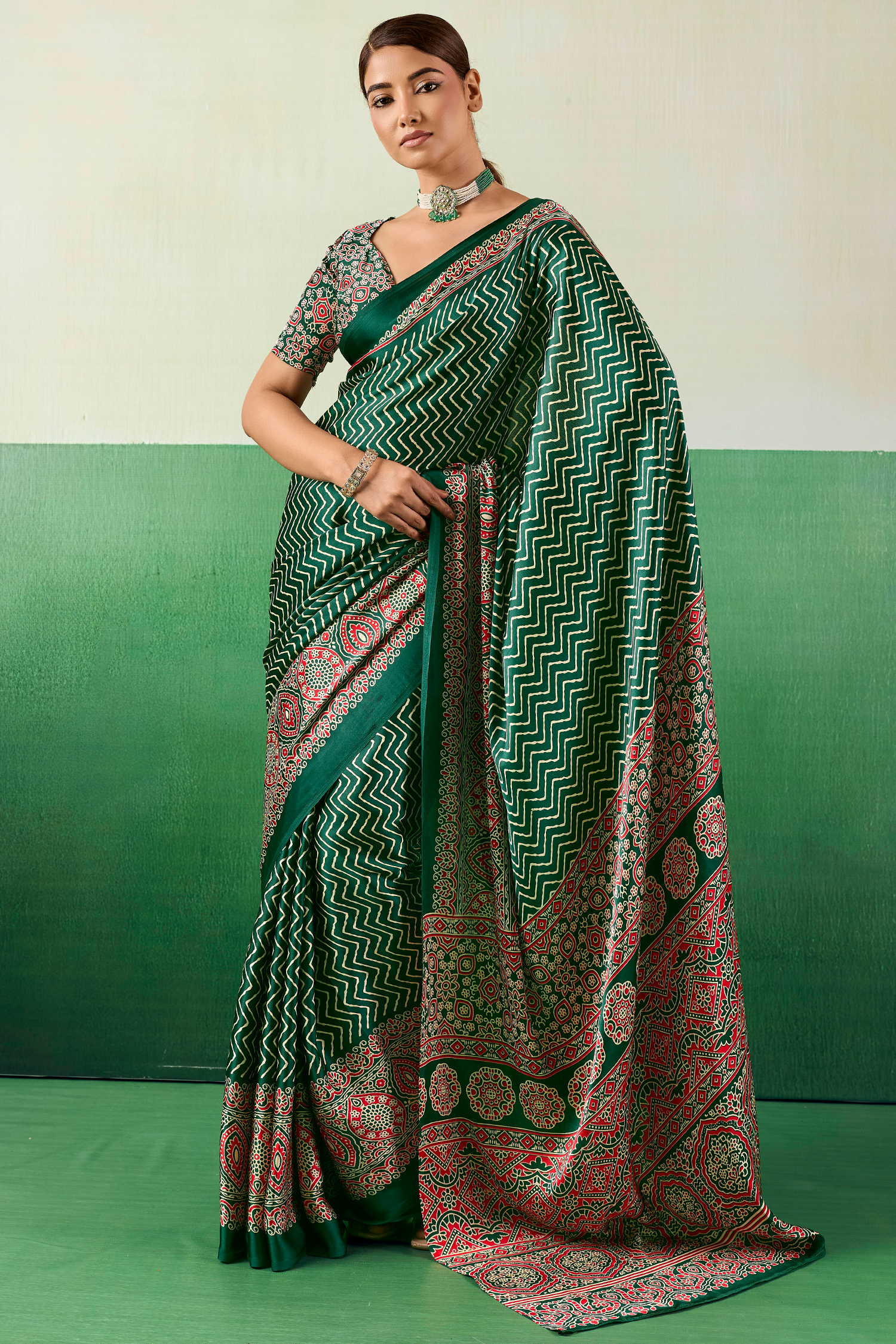 Bottle Green Satin Ajrakh Print Saree with Chevron Body and Detailed Pallu Border