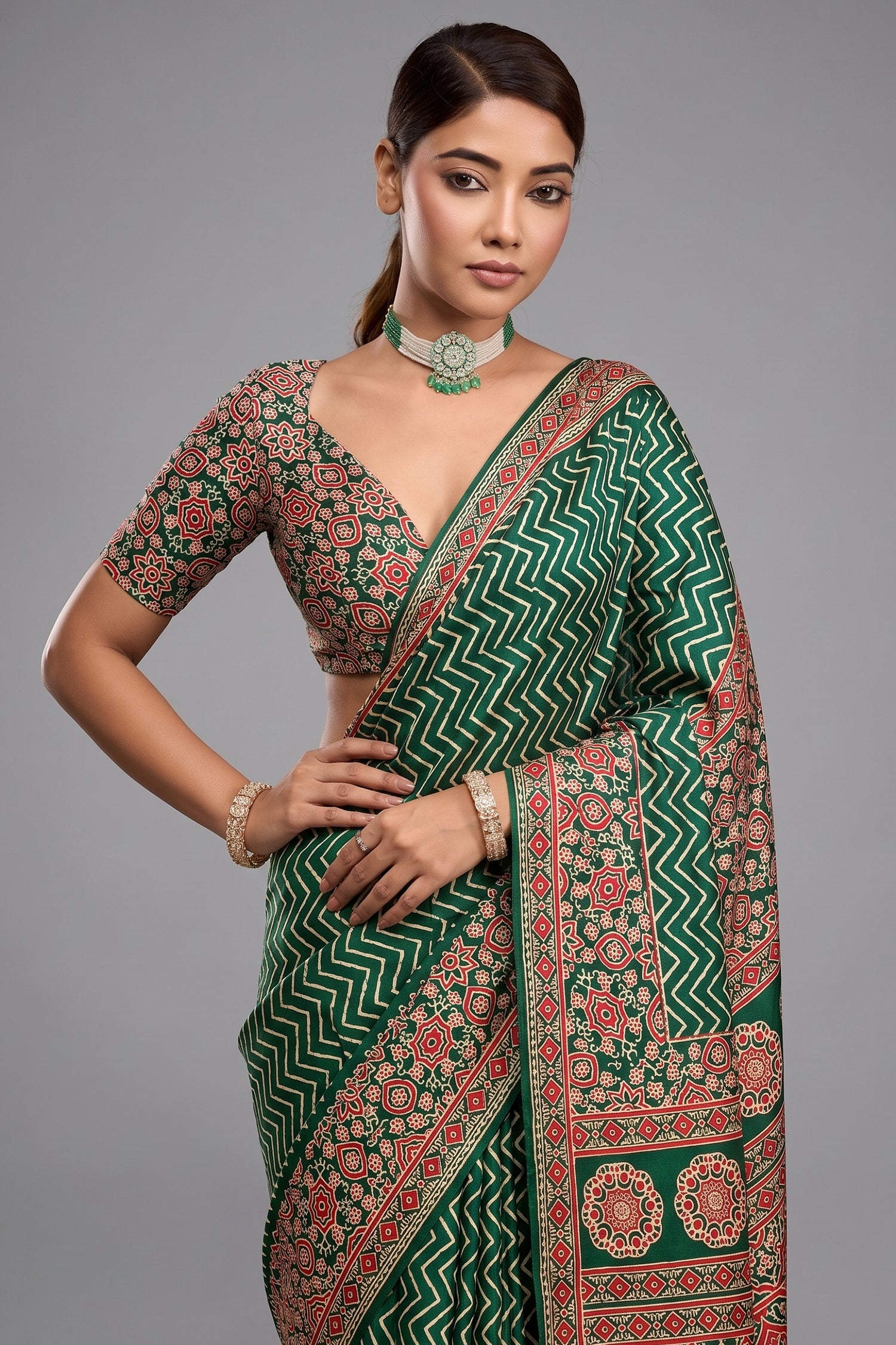 Bottle Green Satin Ajrakh Print Saree with Chevron Body and Detailed Pallu Border Secondary image