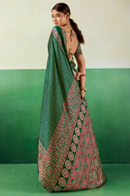 Bottle Green Satin Ajrakh Print Saree with Chevron Body and Detailed Pallu Border
