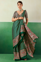 Bottle Green Satin Ajrakh Print Saree with Chevron Body and Detailed Pallu Border