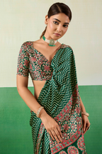 Bottle Green Satin Ajrakh Print Saree with Chevron Body and Detailed Pallu Border