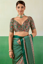 Bottle Green Satin Ajrakh Print Saree with Chevron Body and Detailed Pallu Border