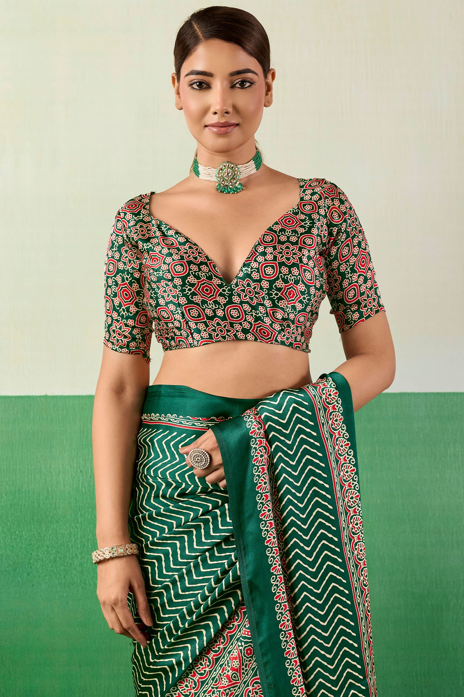 Bottle Green Satin Ajrakh Print Saree with Chevron Body and Detailed Pallu Border