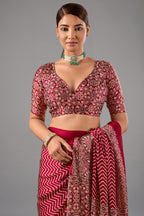 Crimson Red Satin Pure Ajrakh Print Saree with Chevron Body and Detailed Pallu Border