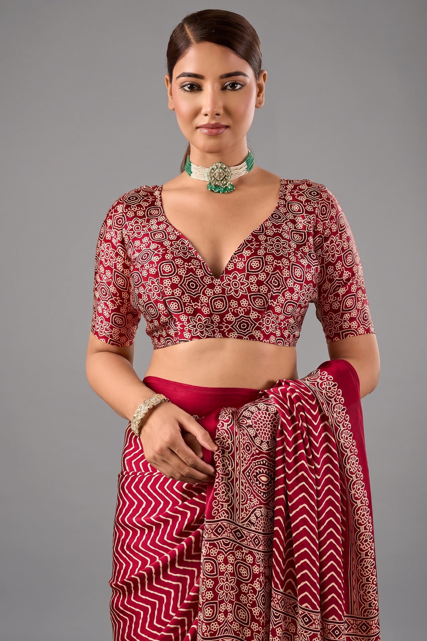 Crimson Red Satin Pure Ajrakh Print Saree with Chevron Body and Detailed Pallu Border