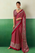 Crimson Red Satin Pure Ajrakh Print Saree with Chevron Body and Detailed Pallu Border