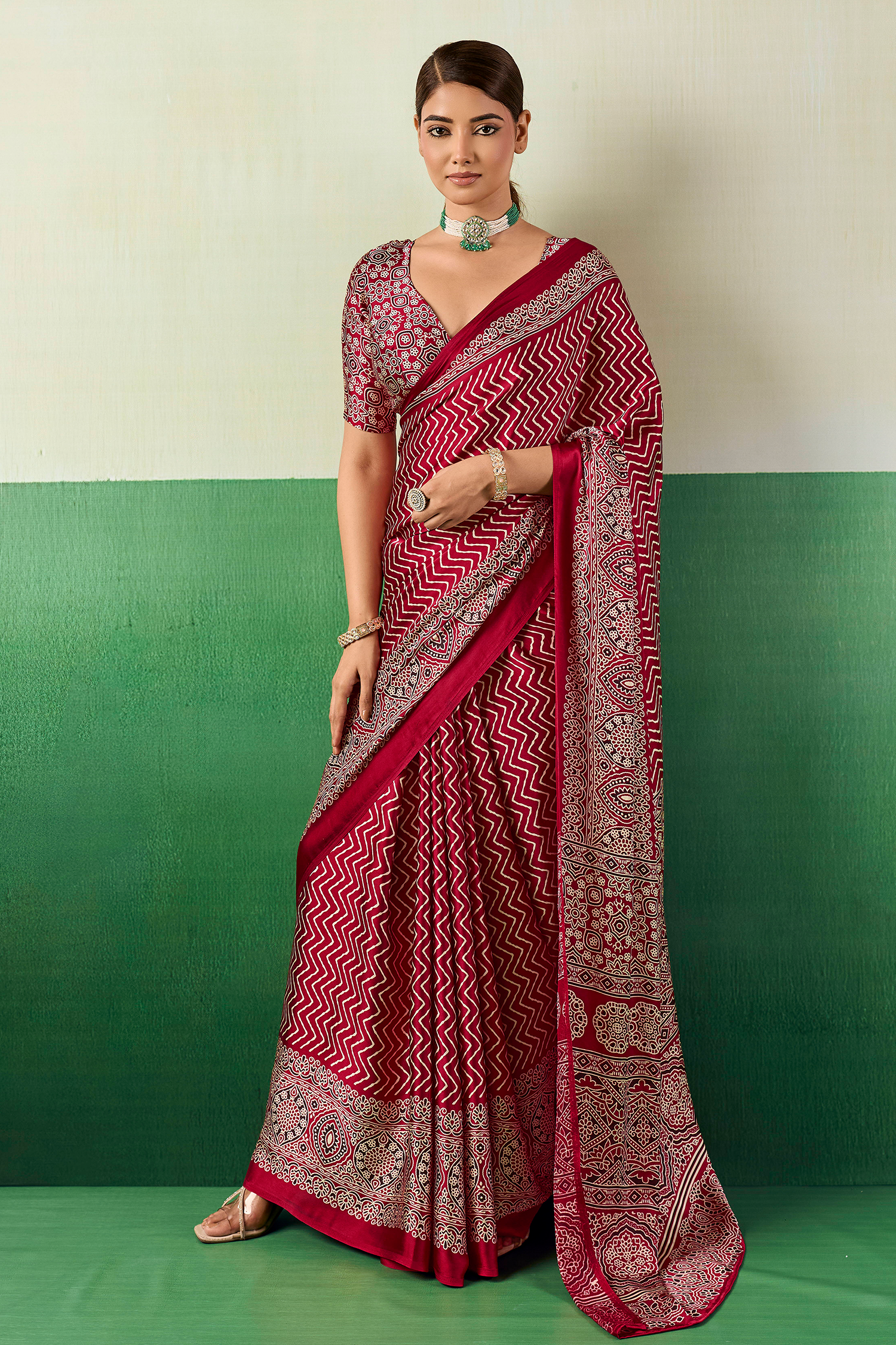 Crimson Red Satin Pure Ajrakh Print Saree with Chevron Body and Detailed Pallu Border
