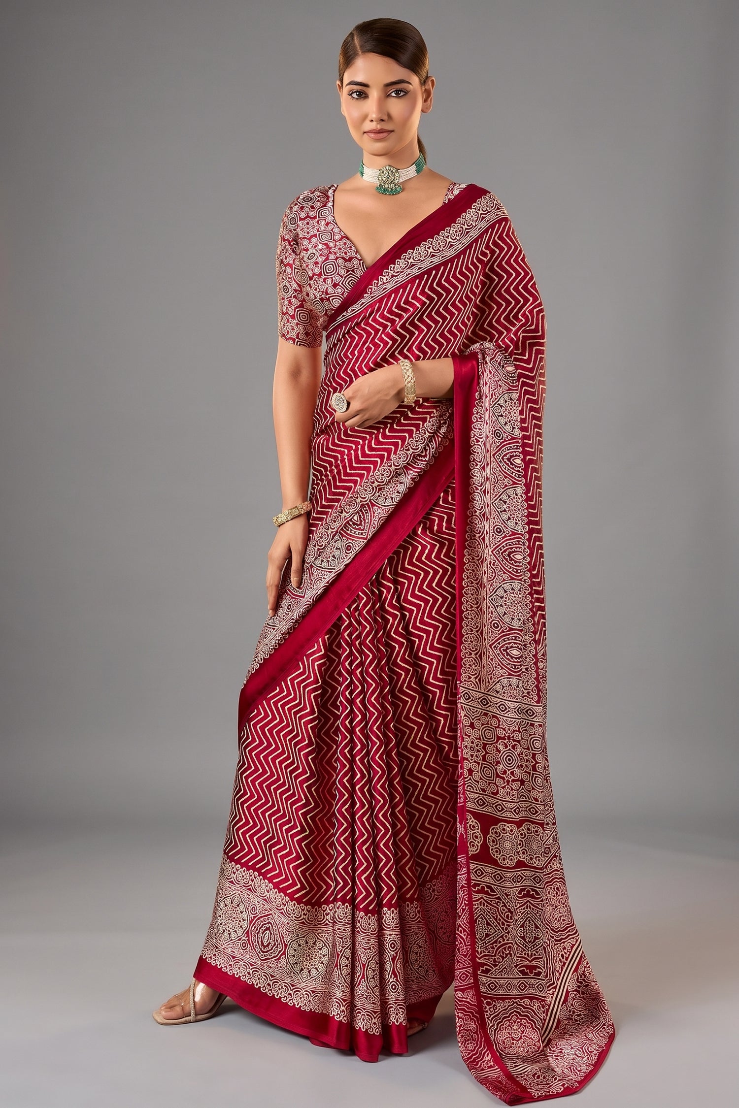 Crimson Red Satin Pure Ajrakh Print Saree with Chevron Body and Detailed Pallu Border Main image