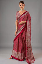 Crimson Red Satin Pure Ajrakh Print Saree with Chevron Body and Detailed Pallu Border