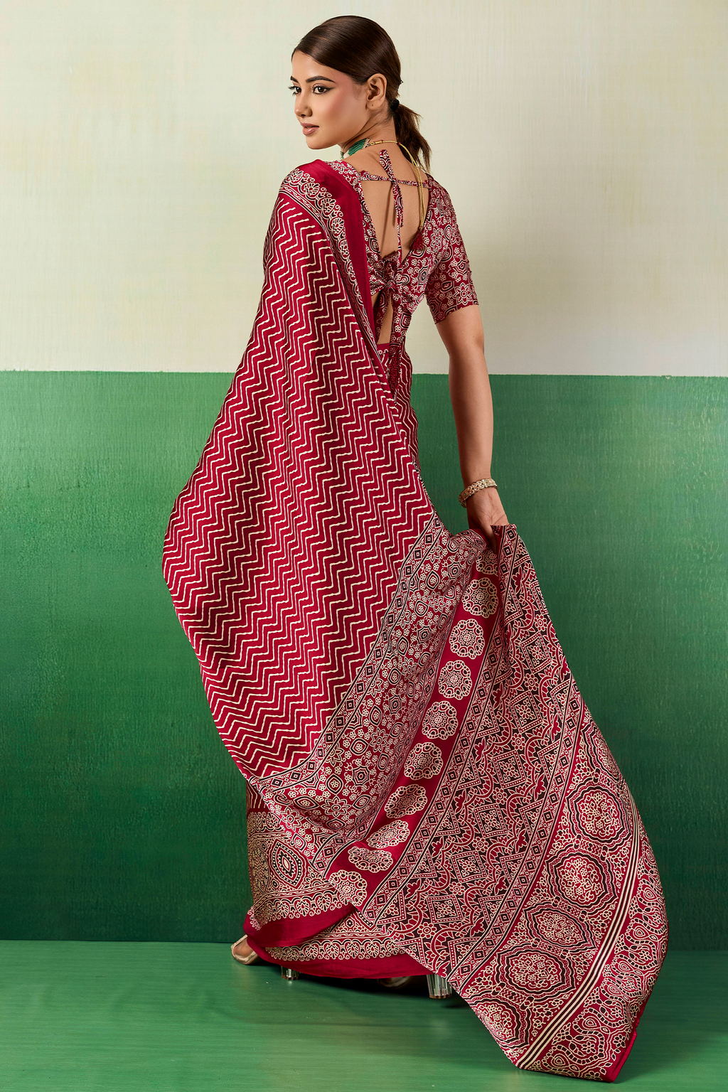 Crimson Red Satin Pure Ajrakh Print Saree with Chevron Body and Detailed Pallu Border