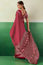 Crimson Red Satin Pure Ajrakh Print Saree with Chevron Body and Detailed Pallu Border