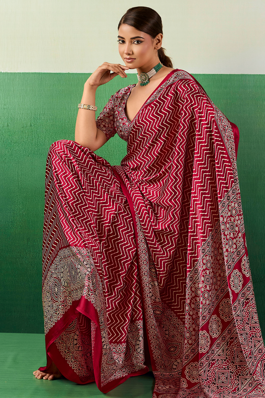 Crimson Red Satin Pure Ajrakh Print Saree with Chevron Body and Detailed Pallu Border