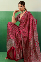 Crimson Red Satin Pure Ajrakh Print Saree with Chevron Body and Detailed Pallu Border