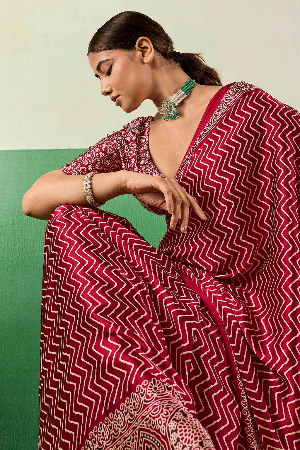 Crimson Red Satin Pure Ajrakh Print Saree with Chevron Body and Detailed Pallu Border
