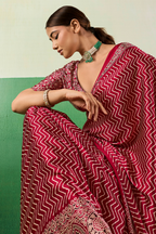Crimson Red Satin Pure Ajrakh Print Saree with Chevron Body and Detailed Pallu Border