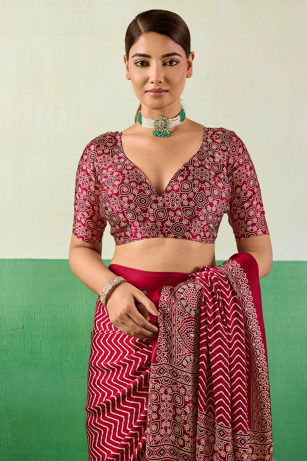 Crimson Red Satin Pure Ajrakh Print Saree with Chevron Body and Detailed Pallu Border