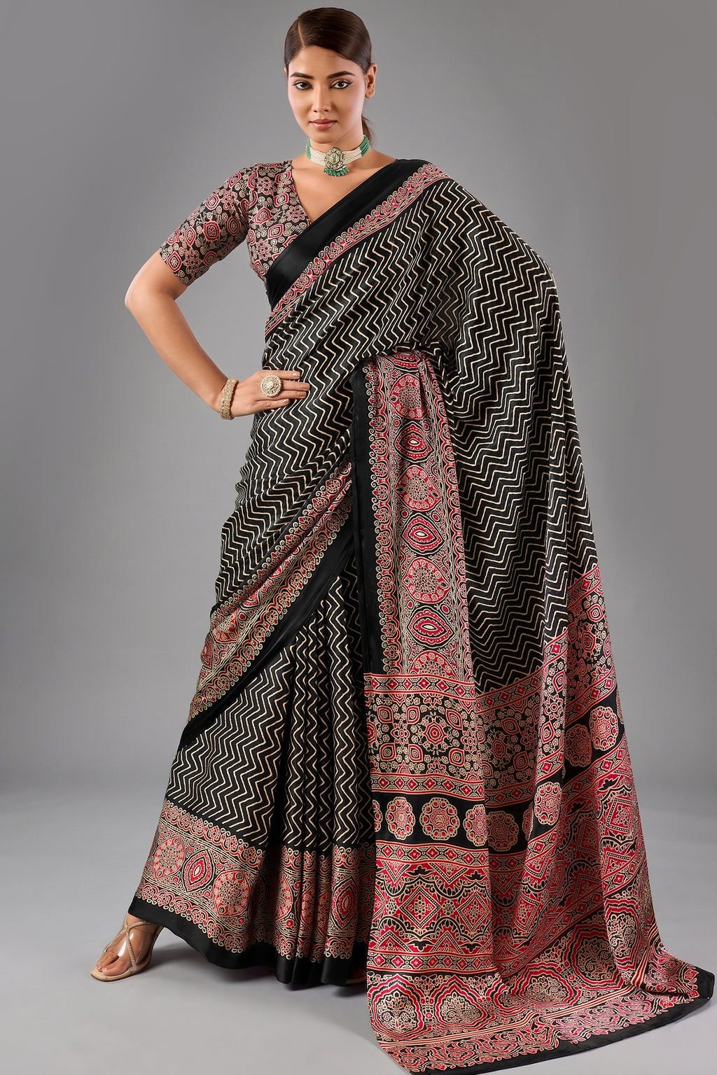 Charcoal Black Satin Ajrakh Print Saree with Chevron Body and Detailed Pallu Border
