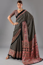 Charcoal Black Satin Ajrakh Print Saree with Chevron Body and Detailed Pallu Border