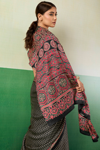 Charcoal Black Satin Ajrakh Print Saree with Chevron Body and Detailed Pallu Border