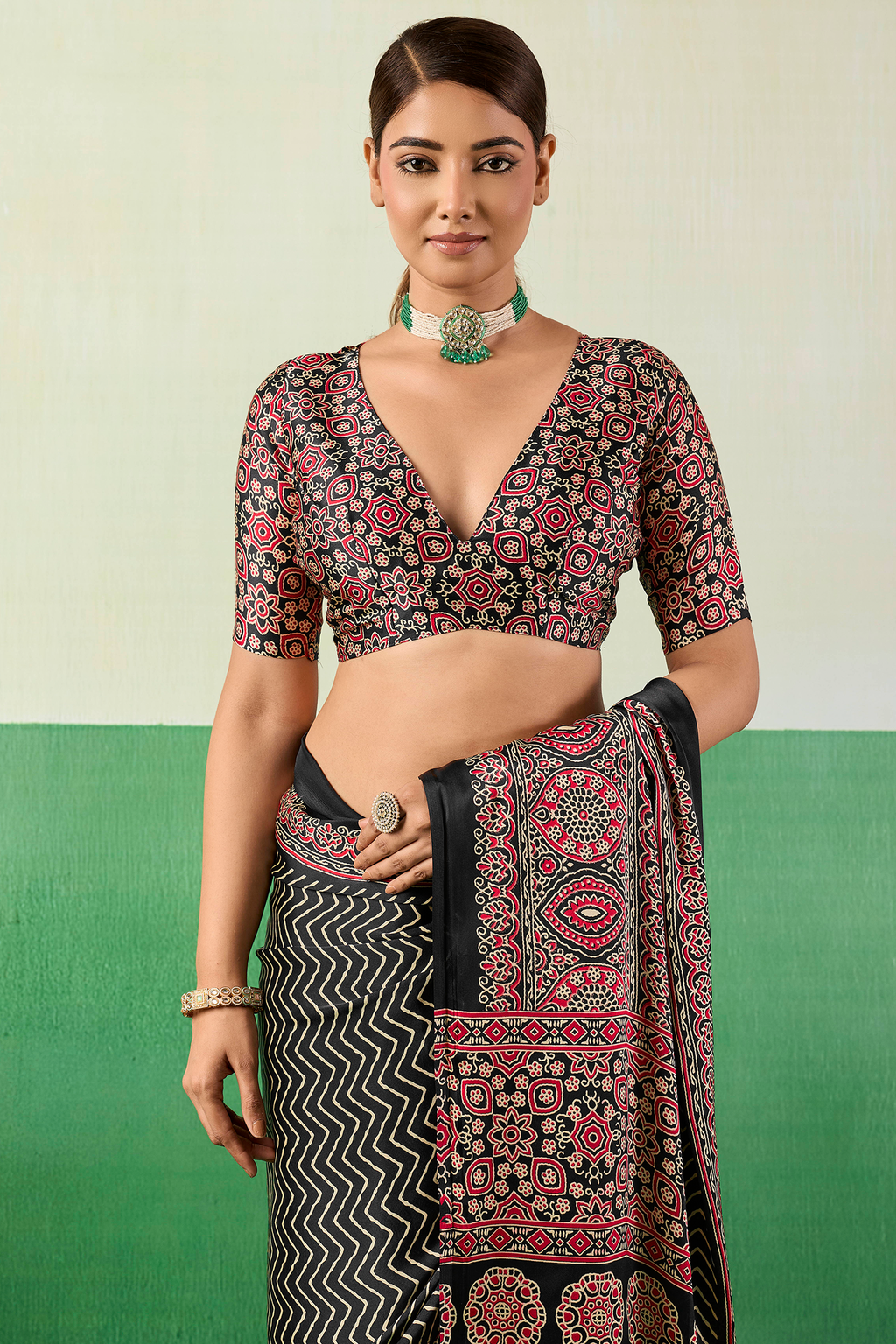 Charcoal Black Satin Ajrakh Print Saree with Chevron Body and Detailed Pallu Border