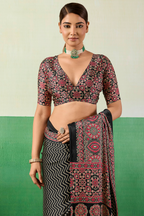 Charcoal Black Satin Ajrakh Print Saree with Chevron Body and Detailed Pallu Border