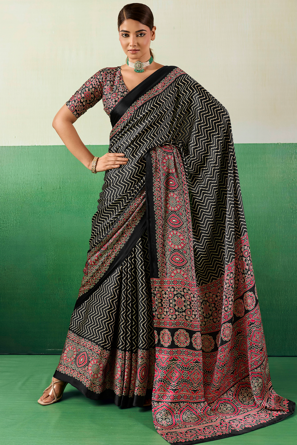 Charcoal Black Satin Ajrakh Print Saree with Chevron Body and Detailed Pallu Border