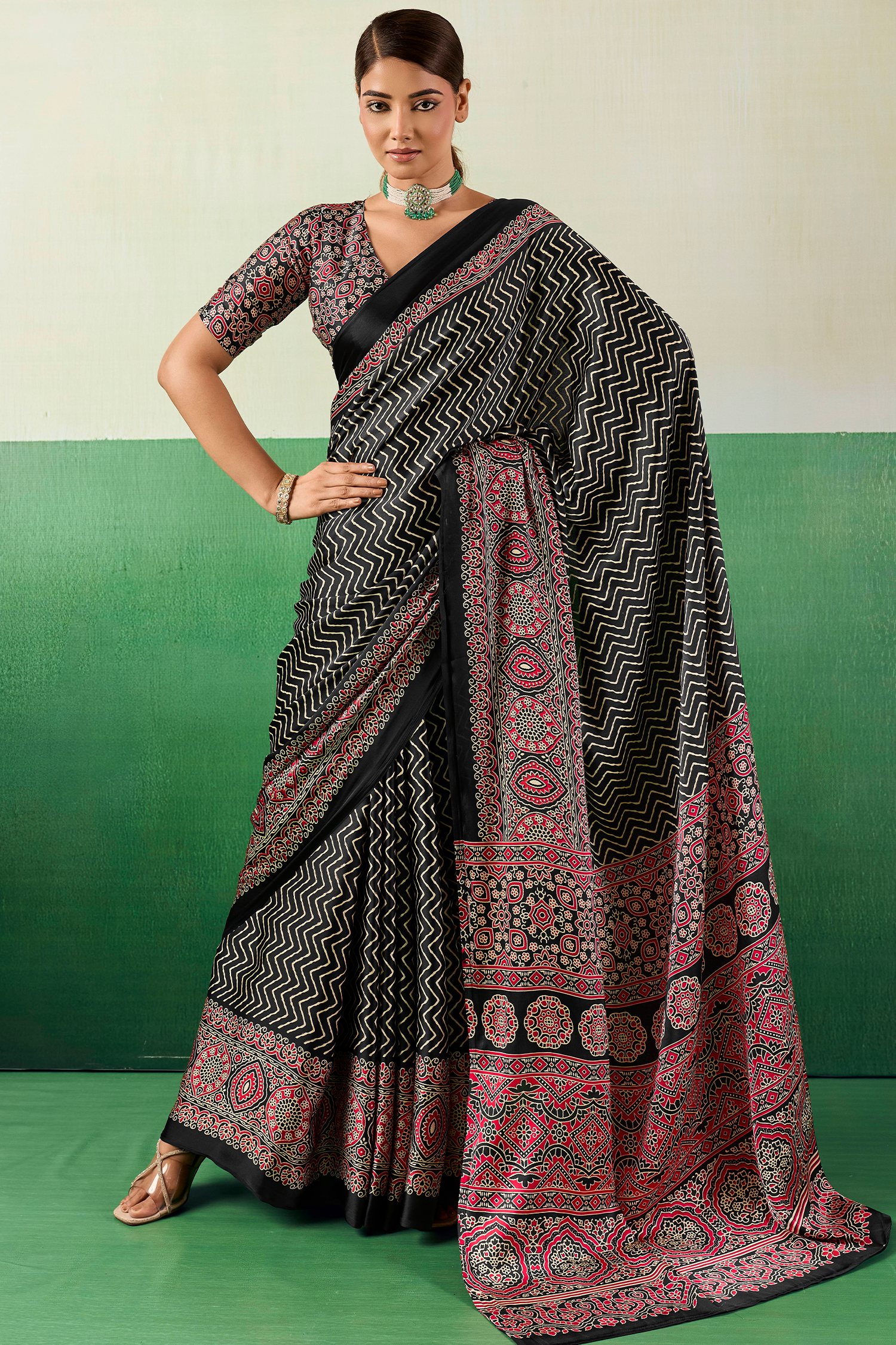 Charcoal Black Satin Ajrakh Print Saree with Chevron Body and Detailed Pallu Border