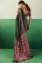 Charcoal Black Satin Ajrakh Print Saree with Chevron Body and Detailed Pallu Border