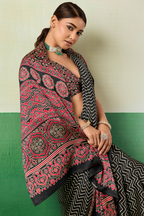Charcoal Black Satin Ajrakh Print Saree with Chevron Body and Detailed Pallu Border