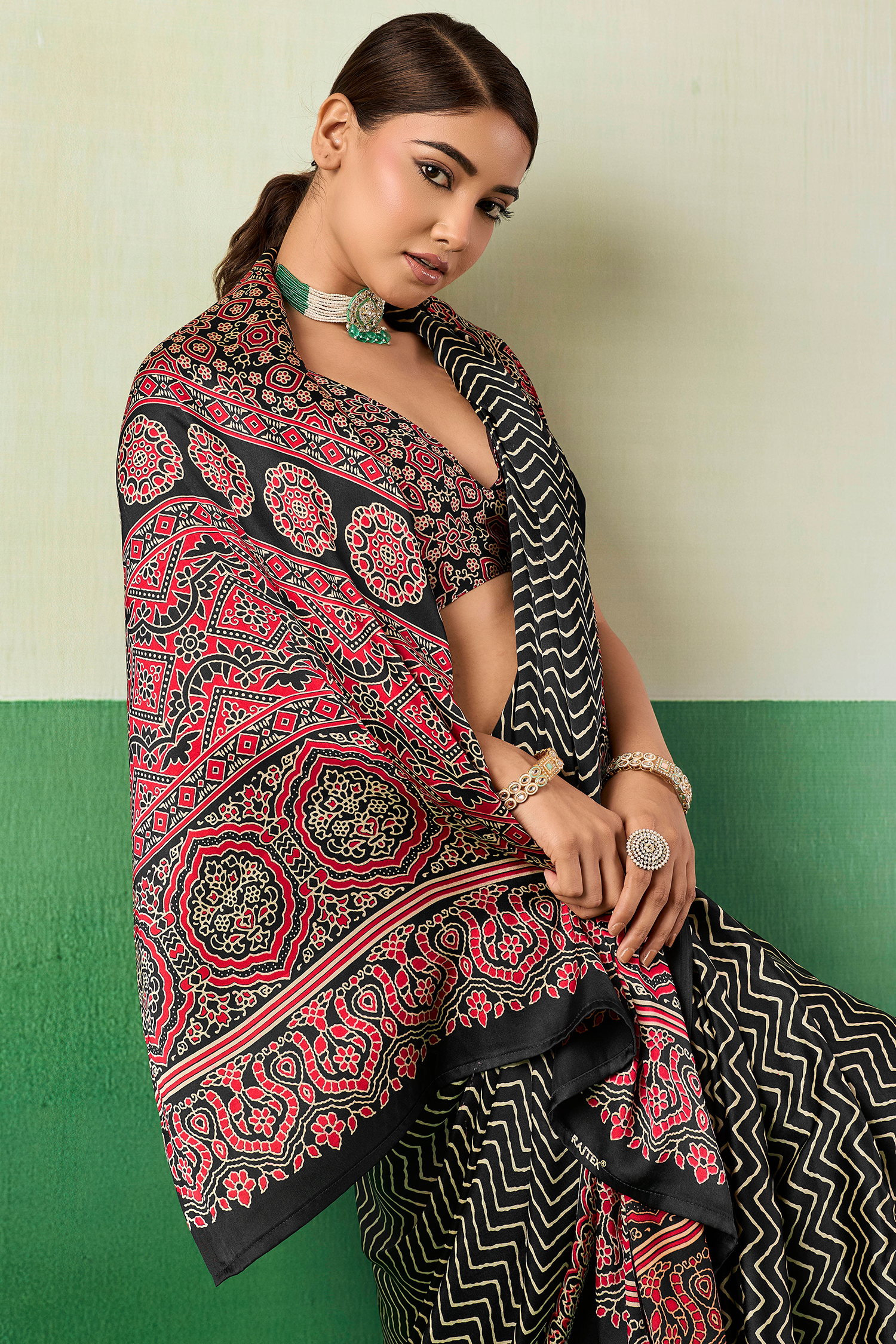 Charcoal Black Satin Ajrakh Print Saree with Chevron Body and Detailed Pallu Border