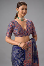 Navy Blue Satin Ajrakh Print Saree with Chevron Body and Detailed Pallu Border