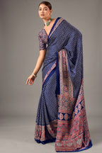 Navy Blue Satin Ajrakh Print Saree with Chevron Body and Detailed Pallu Border