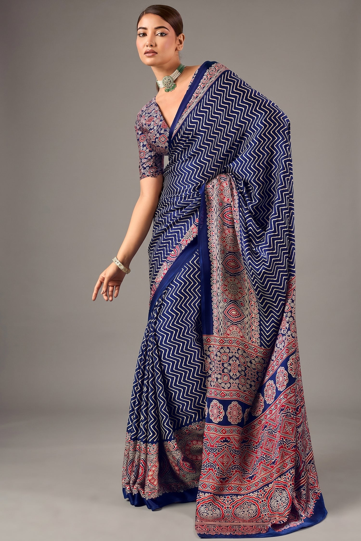 Navy Blue Satin Ajrakh Print Saree with Chevron Body and Detailed Pallu Border