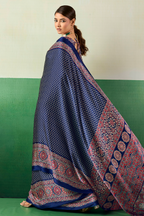 Navy Blue Satin Ajrakh Print Saree with Chevron Body and Detailed Pallu Border