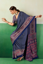 Navy Blue Satin Ajrakh Print Saree with Chevron Body and Detailed Pallu Border