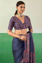 Navy Blue Satin Ajrakh Print Saree with Chevron Body and Detailed Pallu Border