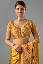 Honey Gold Satin Ajrakh Print Saree with Chevron Body and Detailed Pallu Border
