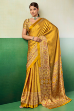 Honey Gold Satin Ajrakh Print Saree with Chevron Body and Detailed Pallu Border