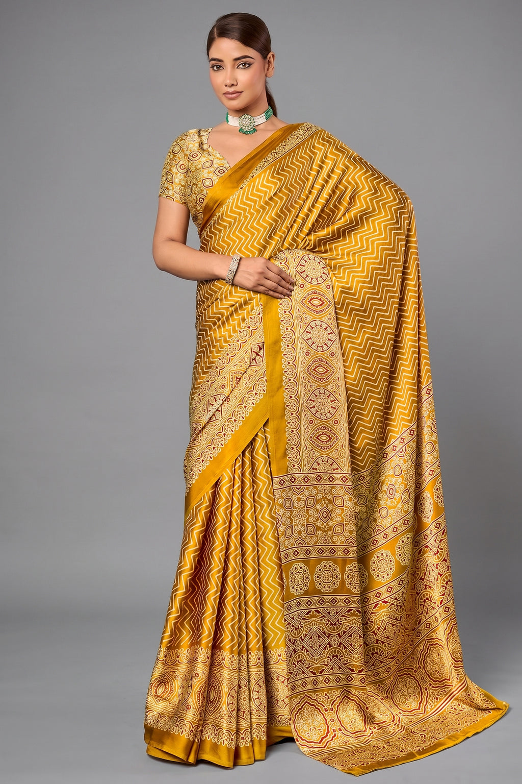 Honey Gold Satin Ajrakh Print Saree with Chevron Body and Detailed Pallu Border