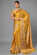 Honey Gold Satin Ajrakh Print Saree with Chevron Body and Detailed Pallu Border