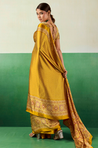 Honey Gold Satin Ajrakh Print Saree with Chevron Body and Detailed Pallu Border