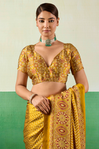 Honey Gold Satin Ajrakh Print Saree with Chevron Body and Detailed Pallu Border
