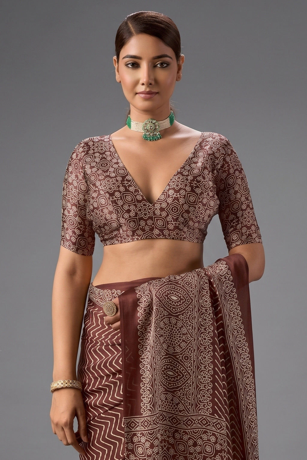 Chocolate Brown Satin Ajrakh Print Saree with Chevron Body and Detailed Pallu Border