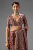 Chocolate Brown Satin Ajrakh Print Saree with Chevron Body and Detailed Pallu Border