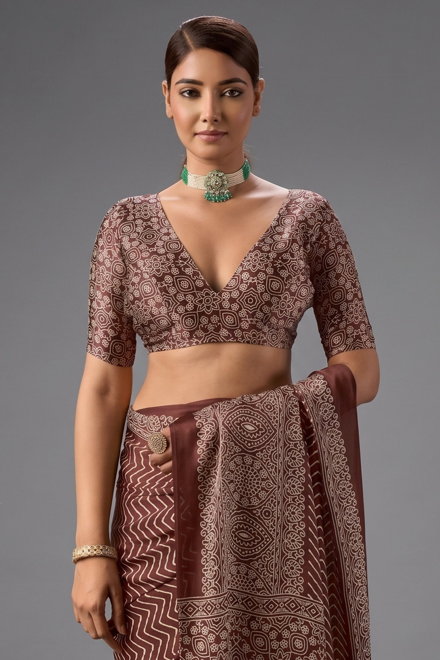 Chocolate Brown Satin Ajrakh Print Saree with Chevron Body and Detailed Pallu Border