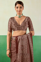 Chocolate Brown Satin Ajrakh Print Saree with Chevron Body and Detailed Pallu Border