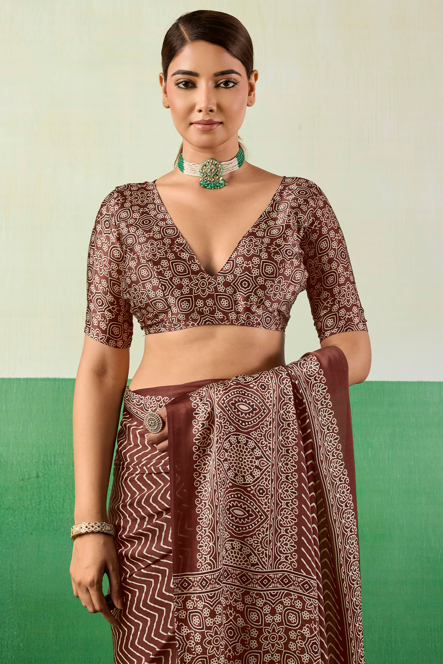 Chocolate Brown Satin Ajrakh Print Saree with Chevron Body and Detailed Pallu Border