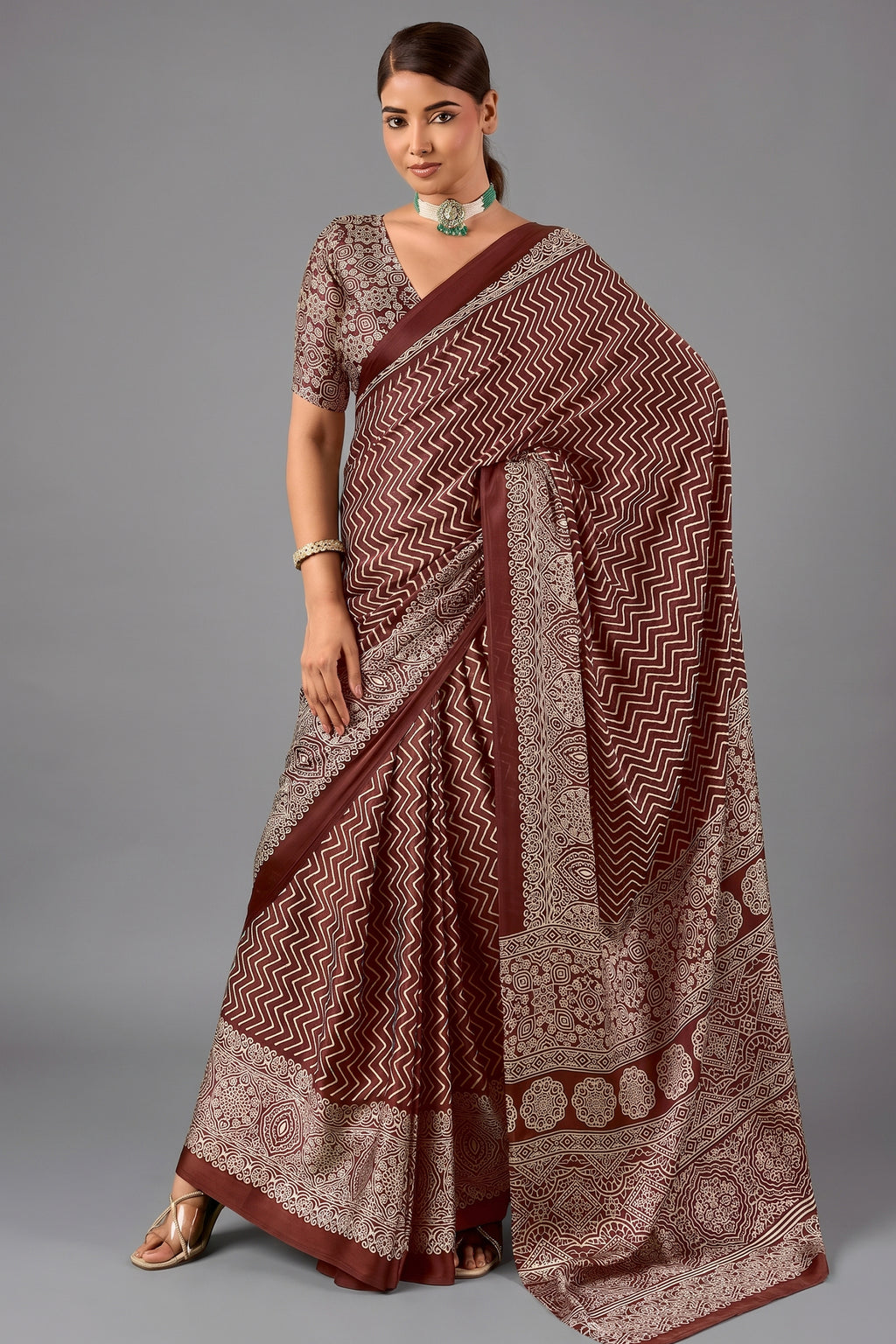 Chocolate Brown Satin Ajrakh Print Saree with Chevron Body and Detailed Pallu Border