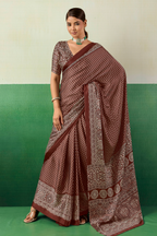 Chocolate Brown Satin Ajrakh Print Saree with Chevron Body and Detailed Pallu Border